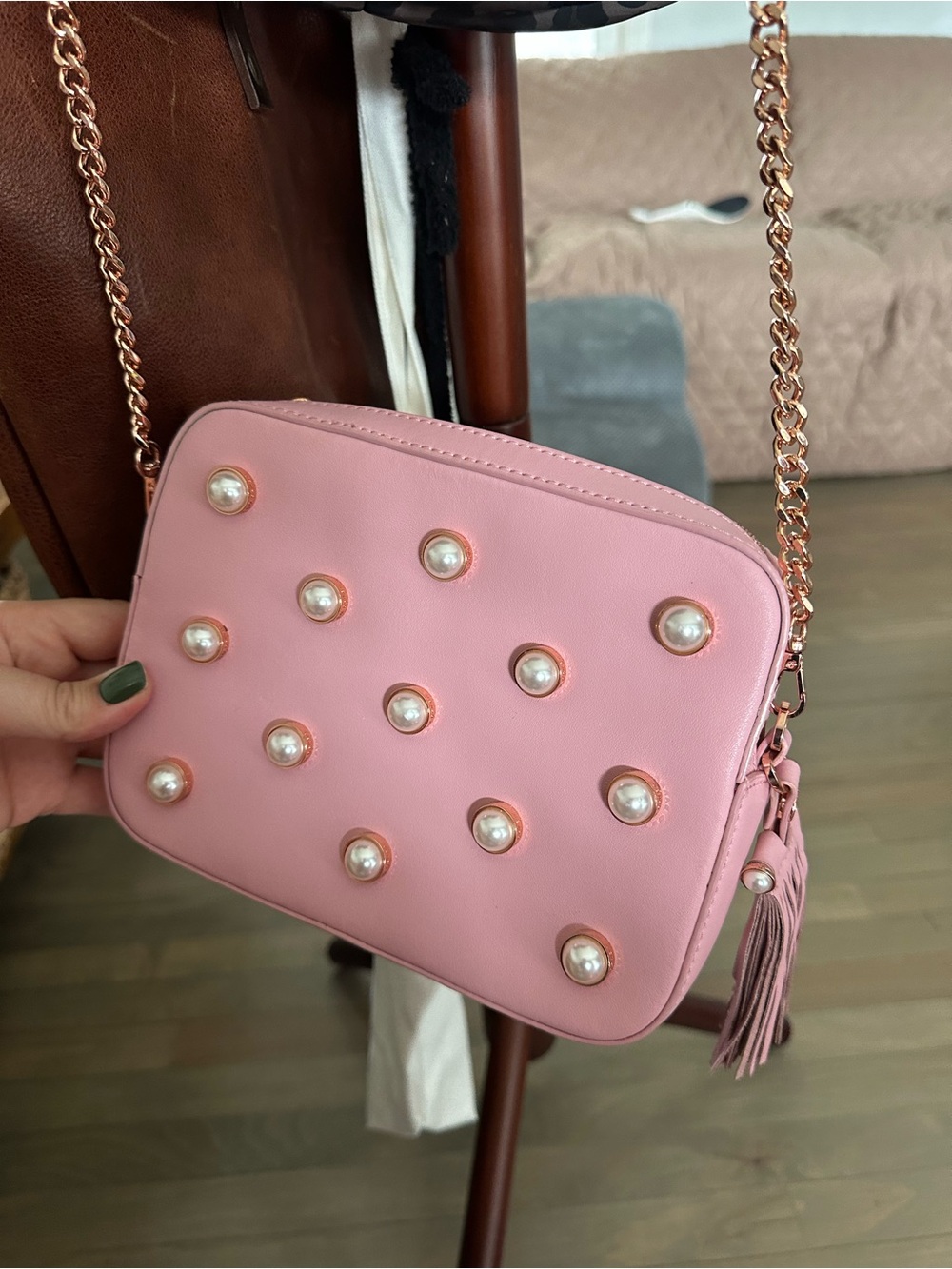 Ted Baker Pink Pearl-Stud Crossbody Bag with Tassel